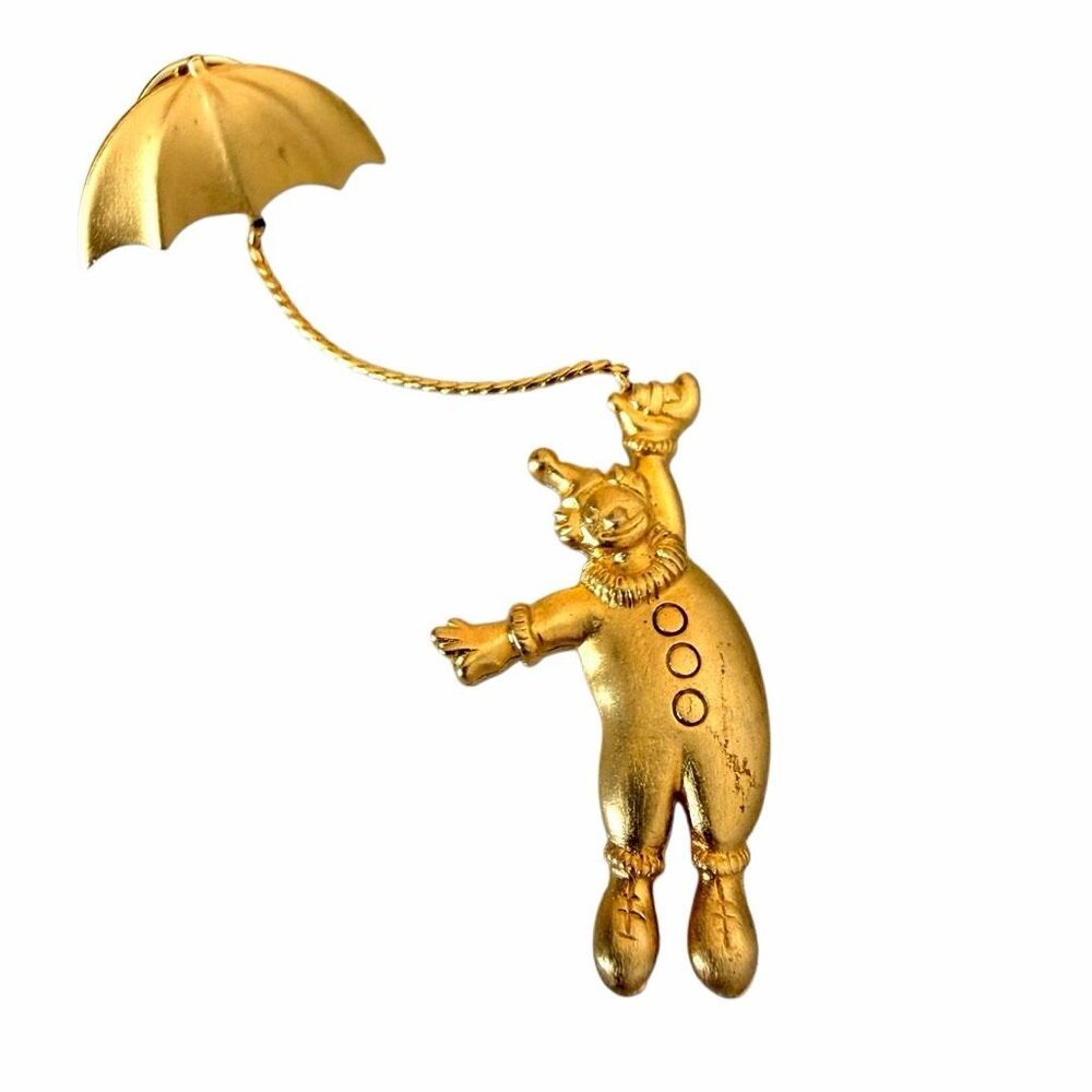 Vintage JJ Jonette Gold Tone Clown Umbrella pin